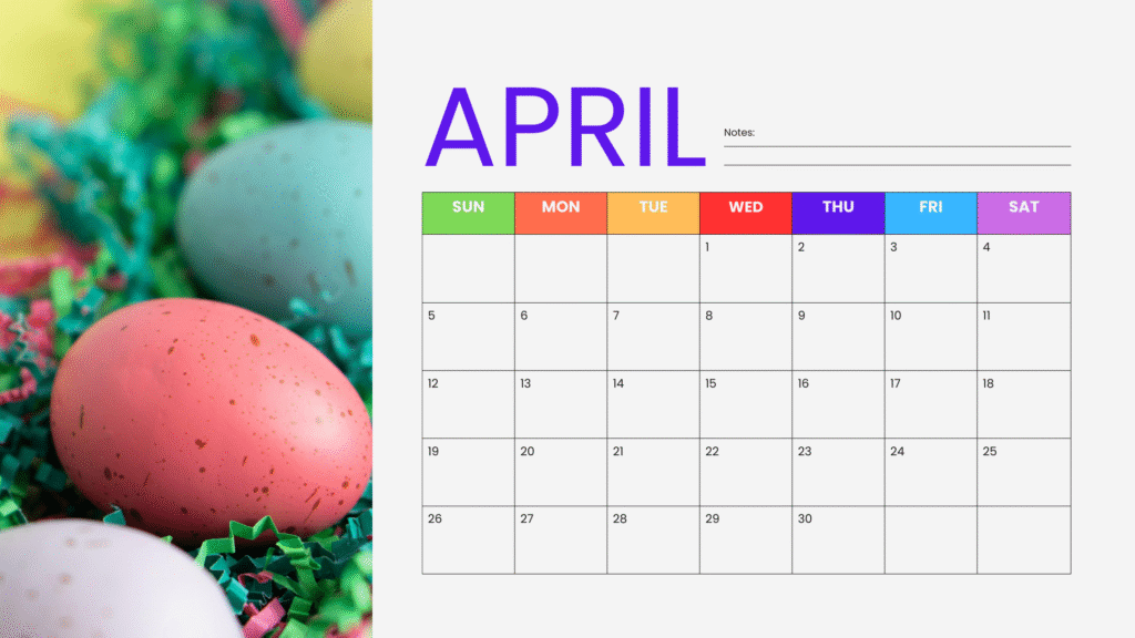 April 2026 Calendar template.