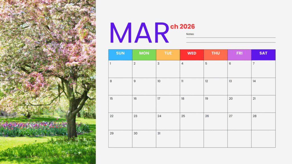 March 2026 Calendar template.
