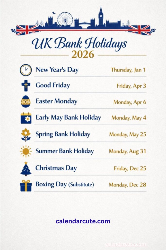 UK Bank Holidays for 2026.
