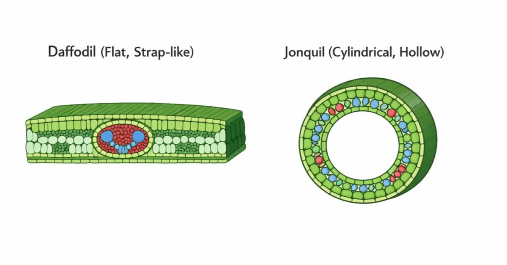 Flat daffodil leaf and the cylindrical jonquil leaf.