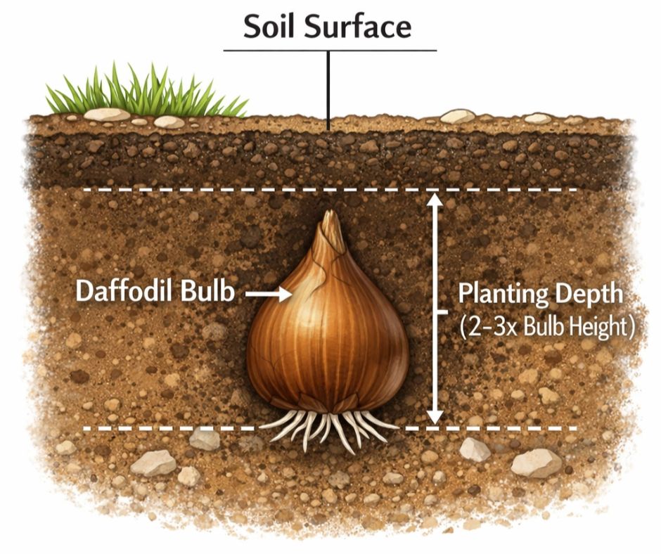Planting Depth for daffodil bulbs.