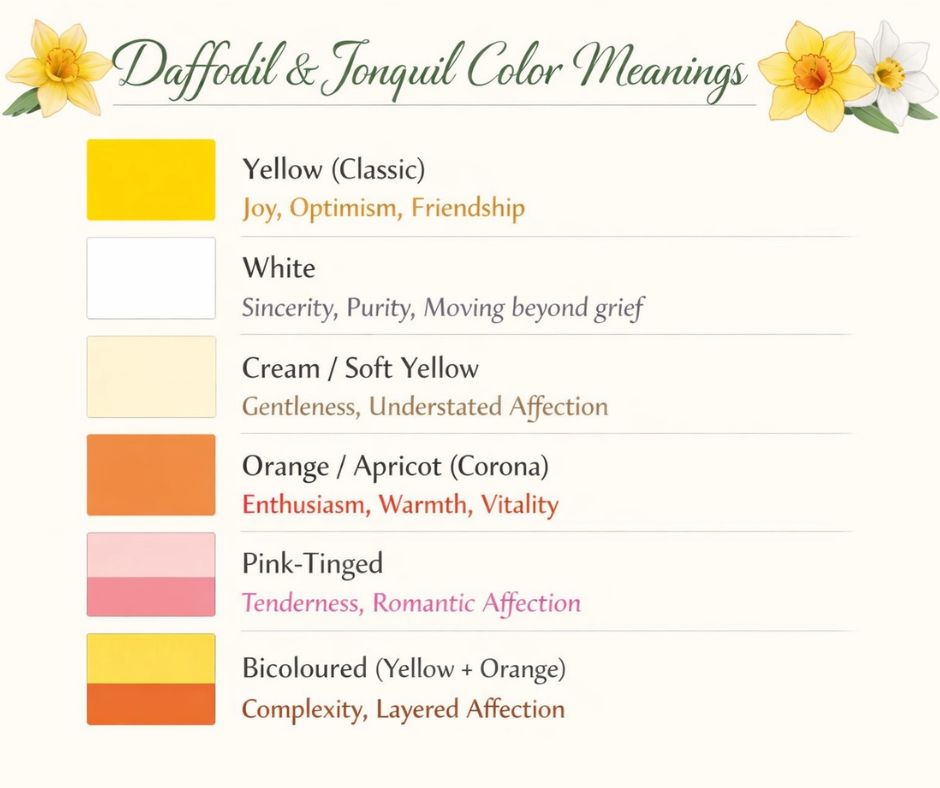 different daffodil and jonquil colors and their symbolic meanings.
